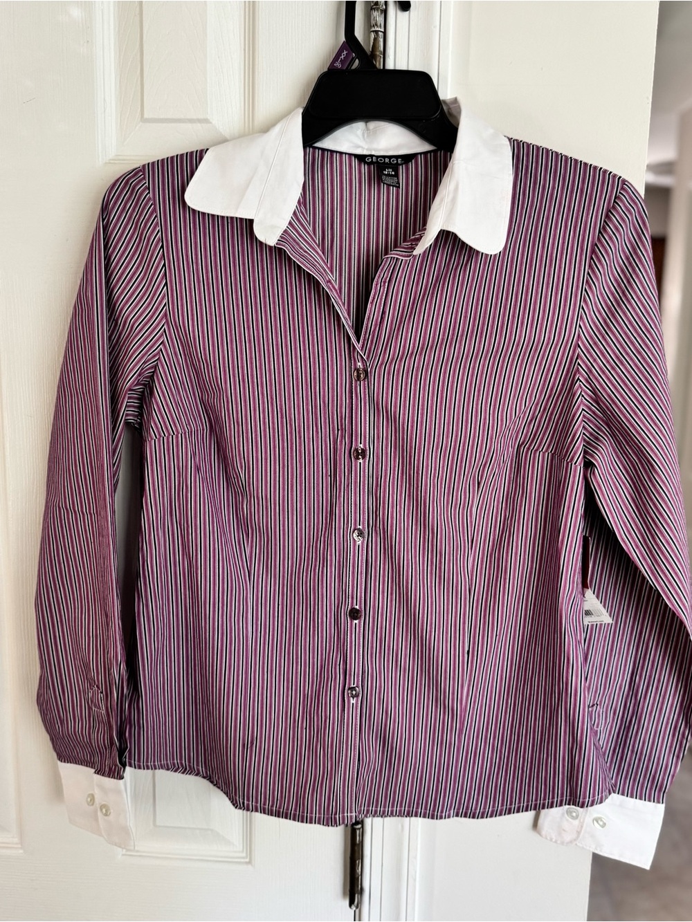 George Striped Winchester Blouse Contrast Collar Stretch Shirt Women L 12-14 NWT